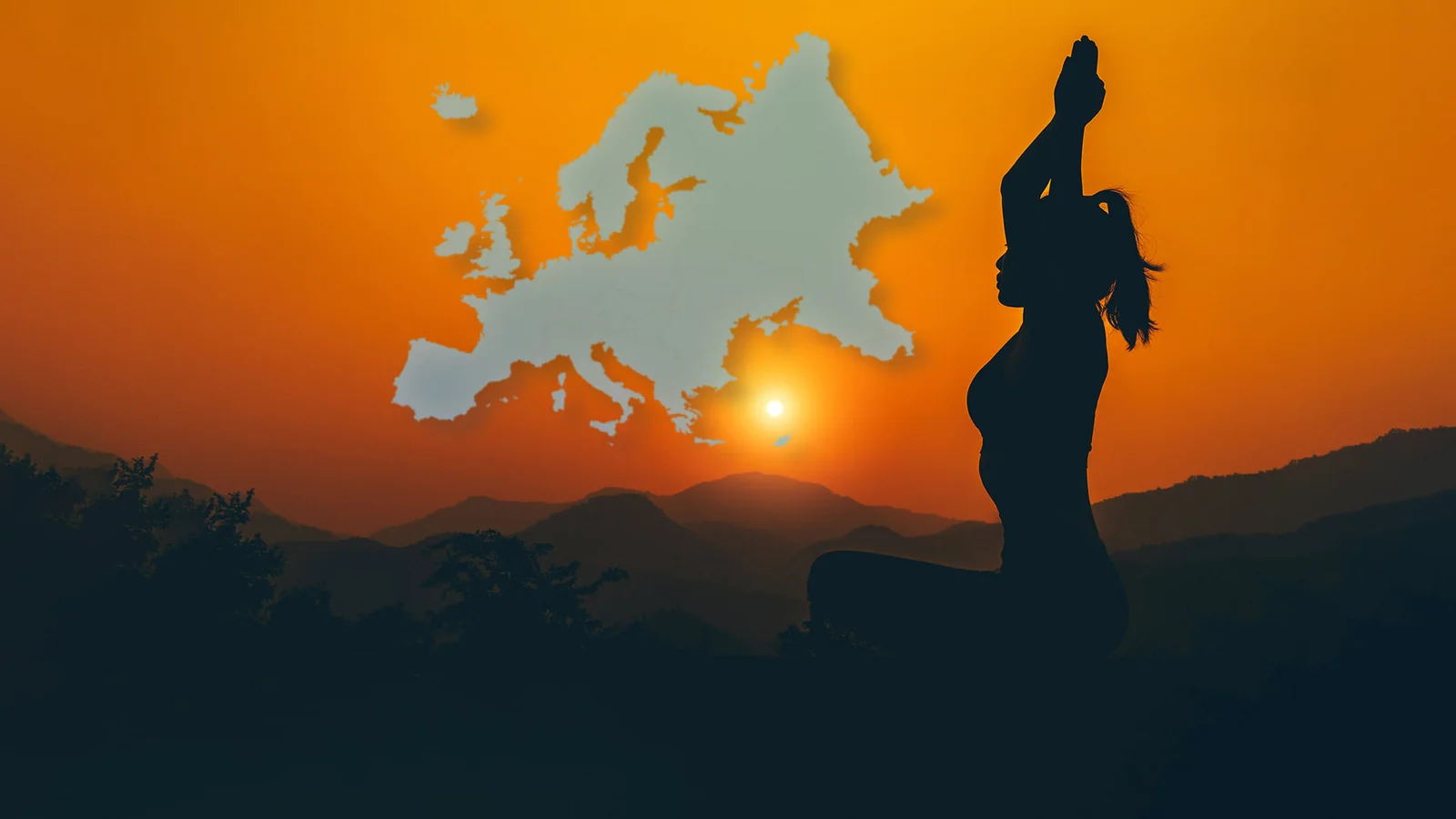 A yoga silhouette at sunset beside a map of Europe.